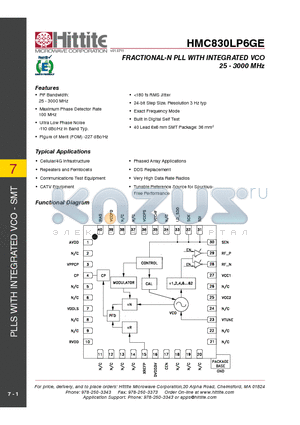 HMC830LP6GE_1110 datasheet - FRACTIONAL-N PLL WITH INTEGRATED VCO 25 - 3000 MHz