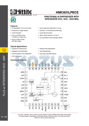 HMC831LP6CE datasheet - FRACTIONAL-N SYNTHESIZER WITH INTEGRATED VCO, 1815 - 2010 MHz