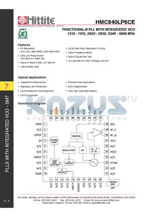 HMC840LP6CE datasheet - FRACTIONAL-N PLL WITH INTEGRATED VCO 1310 - 1415, 2620 - 2830, 5240 - 5660 MHz