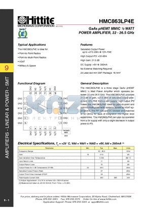 HMC863LP4E datasheet - GaAs pHEMT MMIC WATT POWER AMPLIFIER, 22 - 26.5 GHz