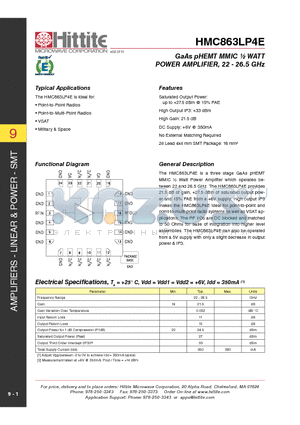 HMC863LP4E_11 datasheet - GaAs pHEMT MMIC m WATT POWER AMPLIFIER, 22 - 26.5 GHz