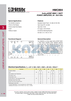 HMC864 datasheet - GaAs pHEMT MMIC 1 WATT POWER AMPLIFIER, 24 - 29.5 GHz