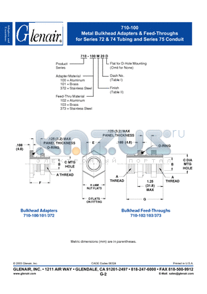 710-100M20 datasheet - Metal Bulkhead Adapters & Feed-Throughs for Conduit