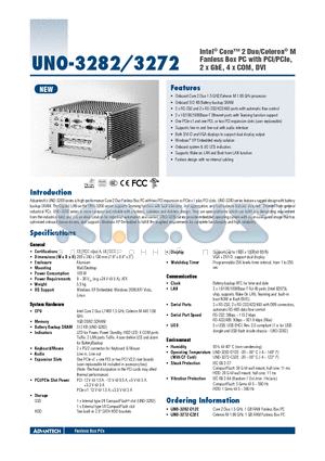 UNO-3282 datasheet - Intel^ Core 2 Duo/Celeron^ M Fanless Box PC with PCI/PCIe, 2 x GbE, 4 x COM, DVI