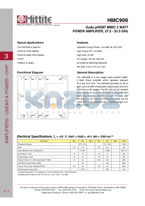 HMC906 datasheet - GaAs pHEMT MMIC 2 WATT POWER AMPLIFIER, 27.3 - 33.5 GHz