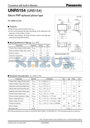 UNR5154 datasheet - Silicon PNP epitaxial planar type For digital circuits