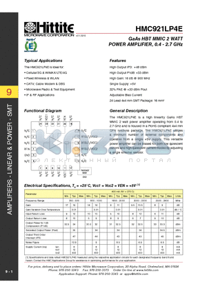 HMC921LP4E datasheet - GaAs HBT MMIC 2 WATT POWER AMPLIFIER, 0.4 - 2.7 GHz