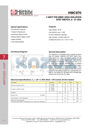 HMC970 datasheet - 2 WATT PIN MMIC HIGH ISOLATION SPDT SWITCH, 8 - 21 GHz