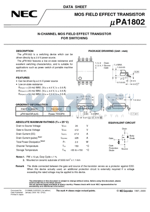 UPA1802 datasheet - N-CHANNEL MOS FIELD EFFECT TRANSISTOR FOR SWITCHING