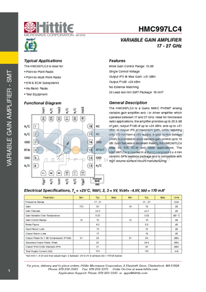 HMC997LC4 datasheet - VARIABLE GAIN AMPLIFIER