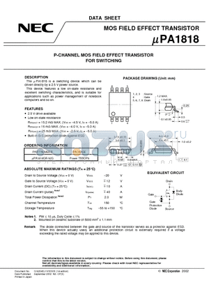UPA1818 datasheet - P-CHANNEL MOS FIELD EFFECT TRANSISTOR FOR SWITCHING