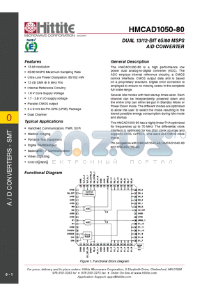 HMCAD1050-80 datasheet - Dual 13/12-Bit 65/80 MSPS A/D Converter
