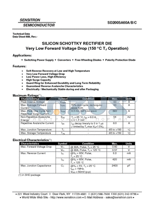 SD200SA60C datasheet - SILICON SCHOTTKY RECTIFIER DIE Very Low Forward Voltage Drop (150 `C TJ Operation)