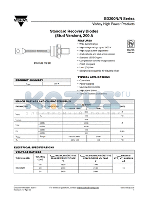 SD200NR datasheet - Standard Recovery Diodes (Stud Version), 200 A