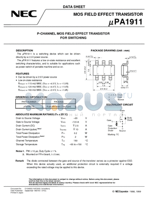 UPA1911 datasheet - P-CHANNEL MOS FIELD EFFECT TRANSISTOR FOR SWITCHING