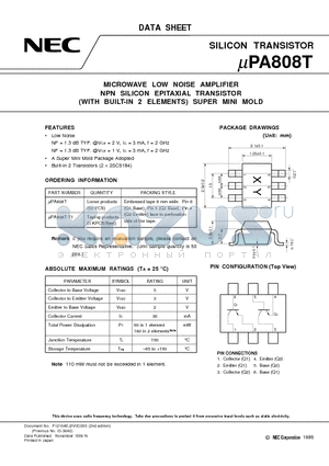 UPA808T-T1 datasheet - MICROWAVE LOW NOISE AMPLIFIER NPN SILICON EPITAXIAL TRANSISTOR WITH BUILT-IN 2 ELEMENTS SUPER MINI MOLD