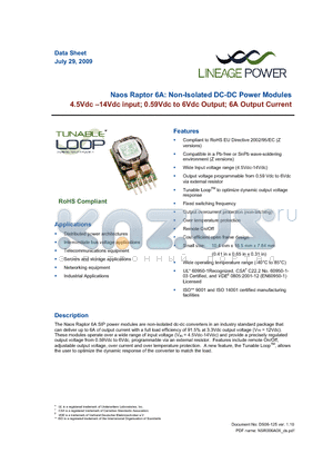 NSR006A0X4Z datasheet - 4.5 - 14Vdc input; 0.59Vdc to 6Vdc Output; 6A output current