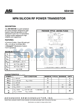 SD4100 datasheet - NPN SILICON RF POWER TRANSISTOR