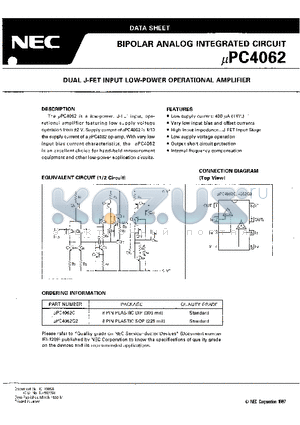 UPC4062 datasheet - DUAL J-FET INPUT LOW-POWER OPERATIONAL AMPLIFIER