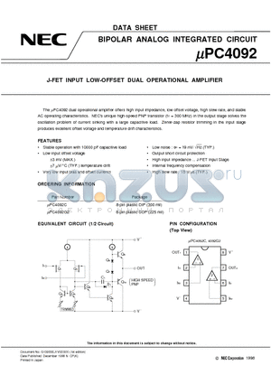 UPC4092G2 datasheet - J-FET INPUT LOW-OFFSET DUAL OPERATIONAL AMPLIFIER