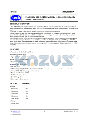 HMF25664F4V datasheet - FLASH-ROM MODULE 2MByte (256K x 64-Bit) ,120PIN SMM,3.3V