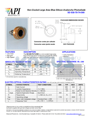 SD630-70-74-500 datasheet - Non-Cooled Large Area Blue Silicon Avalanche Photodiode