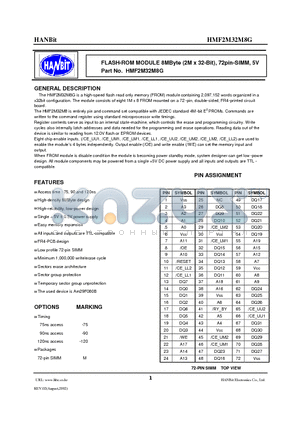 HMF2M32M8G-90 datasheet - FLASH-ROM MODULE 8MByte (2M x 32-Bit), 72pin-SIMM