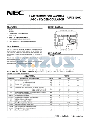 UPC8190K datasheet - RX-IF SiMMIC FOR W-CDMA AGC  I/Q DEMODULATOR