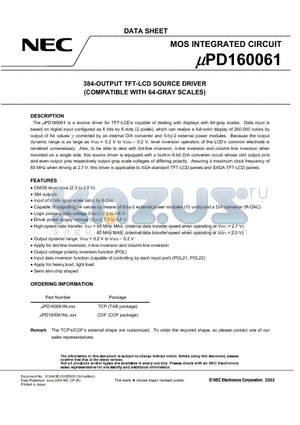 UPD160061 datasheet - 384-OUTPUT TFT-LCD SOURCE DRIVER