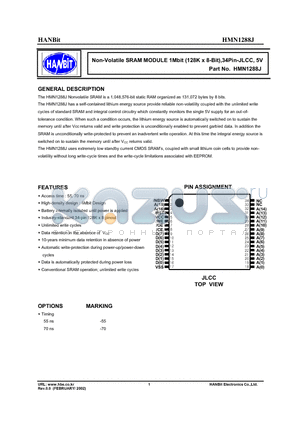 HMN1288J-70 datasheet - Non-Volatile SRAM MODULE 1Mbit (128K x 8-Bit),34Pin-JLCC, 5V