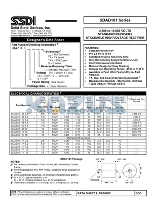 SDAD101B7.5 datasheet - STANDARD RECOVERY STACKABLE HIGH VOLTAGE RECTIFIER