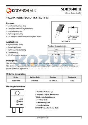 SDB2040PH datasheet - 40V, 20A POWER SCHOTTKY RECTIFIER