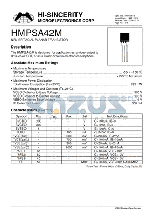 HMPSA42M datasheet - NPN EPITAXIAL PLANAR TRANSISTOR