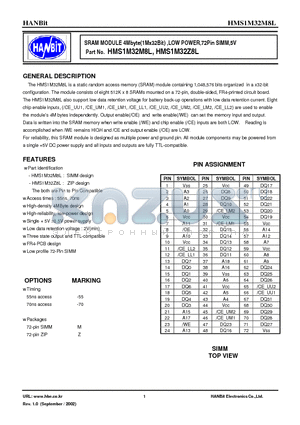 HMS1M32Z8L-55 datasheet - SRAM MODULE 4Mbyte(1Mx32Bit) ,LOW POWER,72Pin SIMM,5V