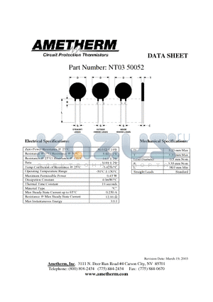 NT0350052 datasheet - Circuit Protection Thermistors