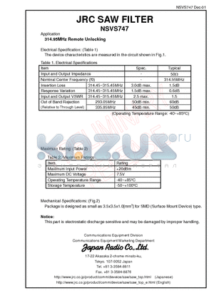 NSVS747 datasheet - 314.95MHZ Remote Unlocking