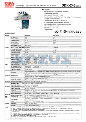 SDR-240_11 datasheet - 240W Single Output Industrial DIN RAIL with PFC Function