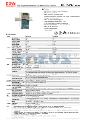 SDR-240 datasheet - 240W Single Output Industrial DIN RAIL with PFC Function