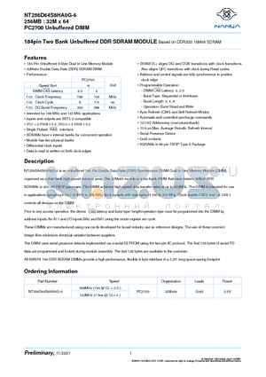 NT256D64S8HA0G-6 datasheet - 184pin Two Bank Unbuffered DDR SDRAM MODULE