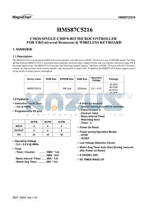 HMS87C5216 datasheet - CMOS SINGLE-CHIP 8-BIT MICROCONTROLLER FOR UR(Universal Remocon) & WIRELESS KEYBOARD