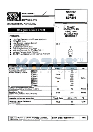 SDR608 datasheet - 15 AMP 50-800 VOLTS 45-60nsec ULTRA FAST RECTIFIER