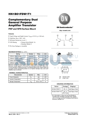 HN1B01FDW1T1G datasheet - Complementary Dual General Purpose Amplifier Transistor PNP and NPN Surface Mount