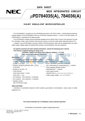 UPD784036 datasheet - 16/8-BIT SINGLE-CHIP MICROCONTROLLER