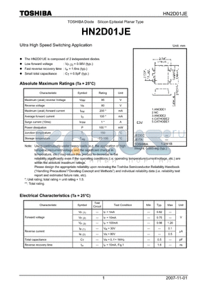 HN2D01JE datasheet - Silicon Epitaxial Planar Type Ultra High Speed Switching Application