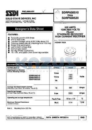 SDRP600S15 datasheet - STANDARD RECOVERY HIGH CURRENT RECTIFIER