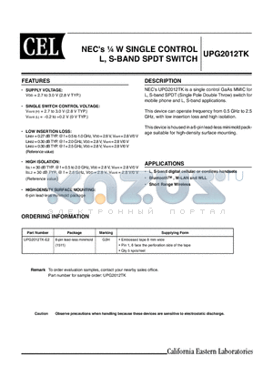 UPG2012TK datasheet - NECs l W SINGLE CONTROL L, S-BAND SPDT SWITCH