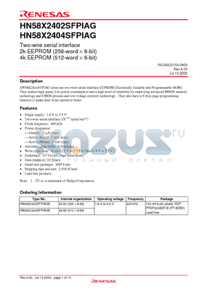 HN58X2402SFPIAGE datasheet - Two-wire serial interface 2k EEPROM (256-word  8-bit) 4k EEPROM (512-word  8-bit)