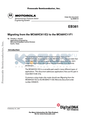 EB381D datasheet - Migrating from the MC68HC811E2 to the MC68HC11F1