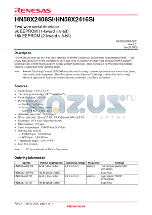 HN58X2416SFPIE datasheet - Two-wire serial interface 8k EEPROM (1-kword  8-bit) 16k EEPROM (2-kword  8-bit)