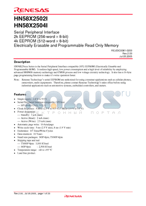 HN58X2502TIE datasheet - Serial Peripheral Interface Electrically Erasable and Programmable Read Only Memory